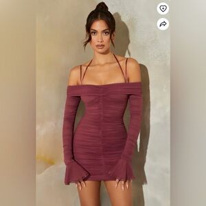 Oh Polly - Bardot Ruched Long Sleeve Mini Dress